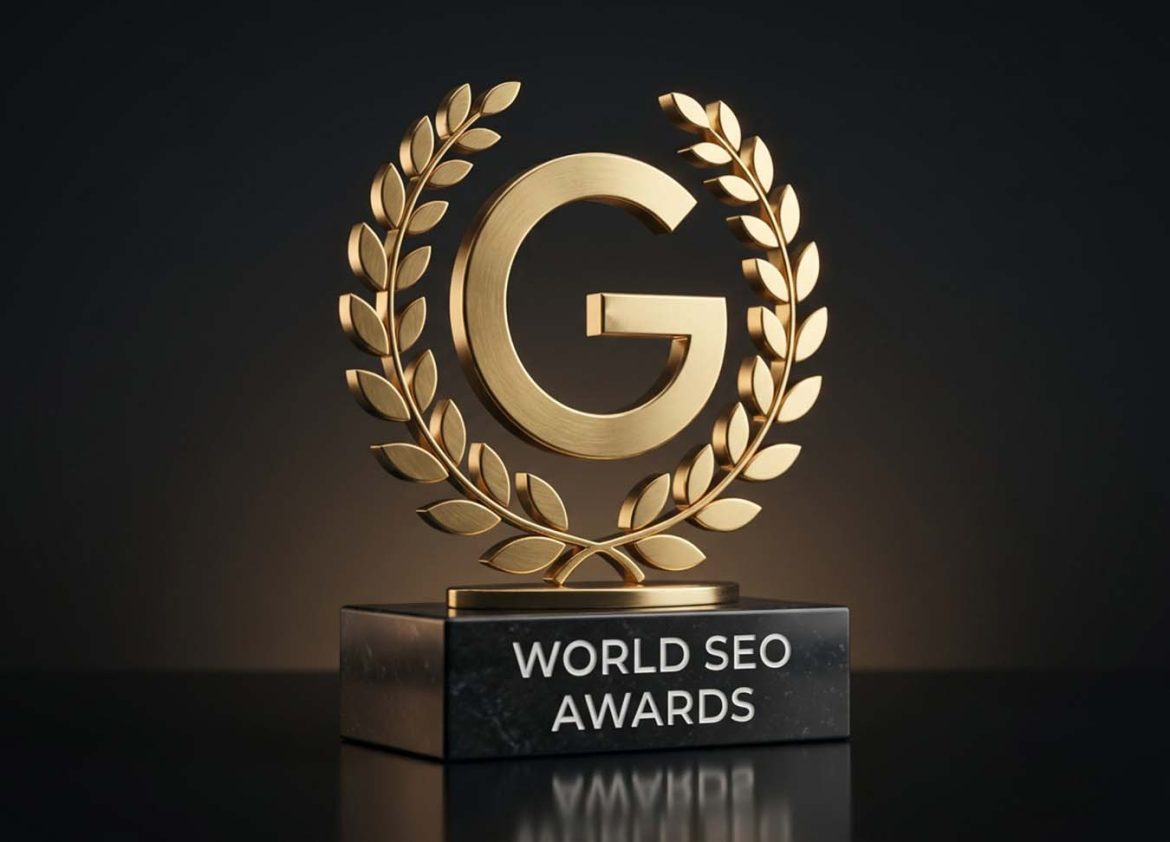 A digital interface displaying SEO strategy icons and performance metrics for The World SEO Awards